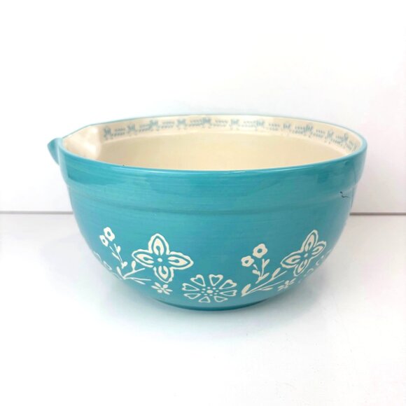 The Pioneer Woman 2.5-Quart Teal Floral Stoneware Batter Bowl Spout - Picture 1 of 6